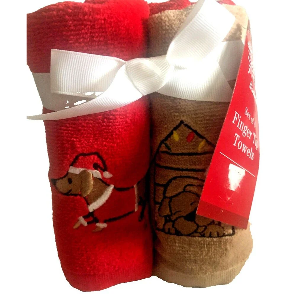 Christmas Dogs Fingertip Towels Set of 4 Embroidered Doxie Corgi Bull Dog
